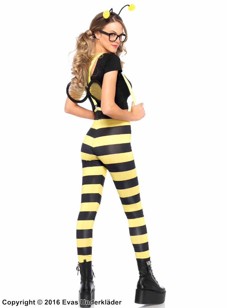 Weibliche Biene, Kostüm-Top und Leggings, Hosenträger, Flügel, horizontale Streifen